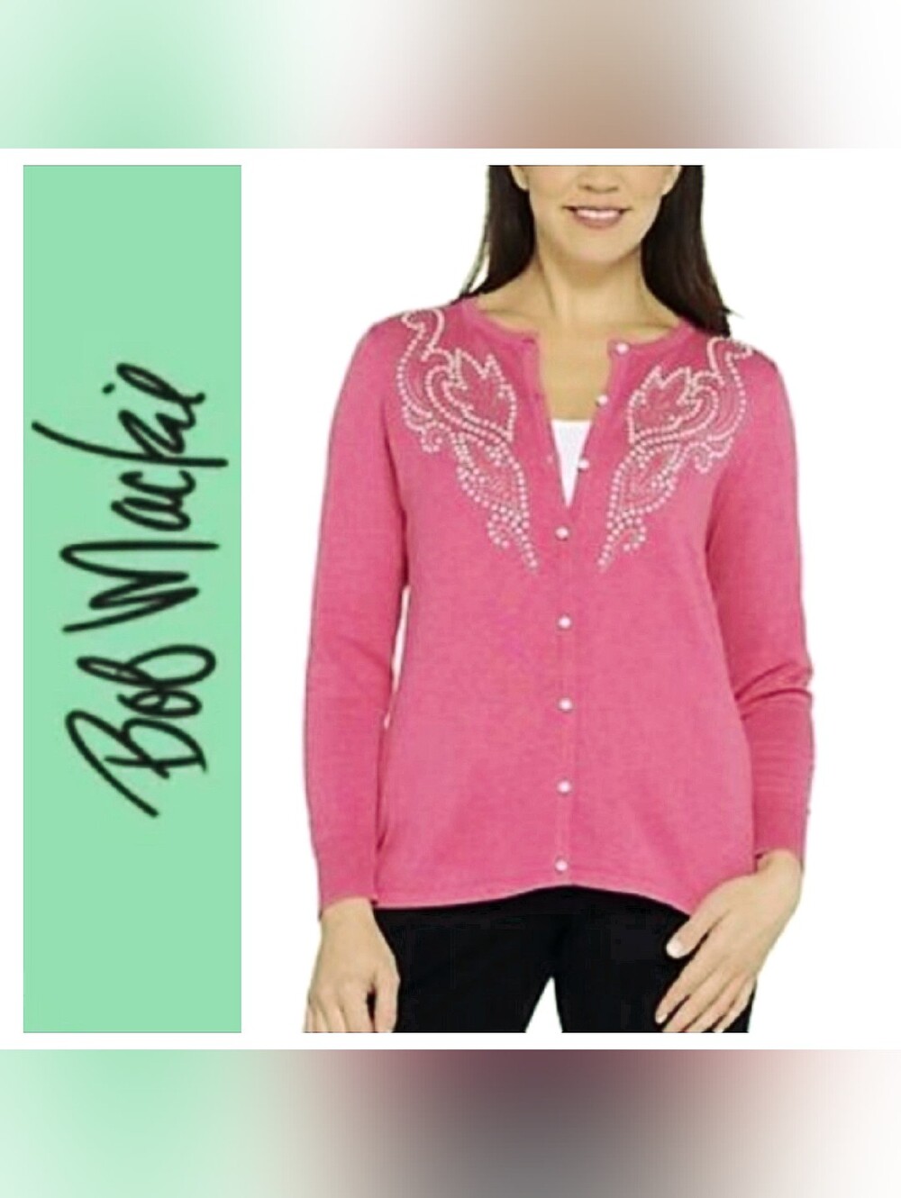 Bob Mackie Wearable Art Pink Long Sleeve Beaded Cardigan Sz L NWT